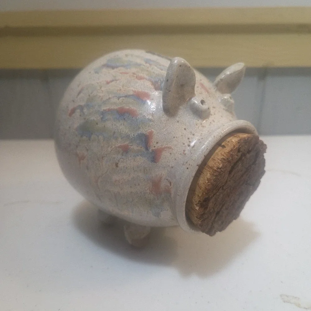 Vintage Handmade Multicolor Stoneware Pig Piggy Bank With Cork Lid Open Mouth